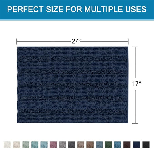 H.VERSAILTEX Bathroom Rugs Bath Rugs for Bathroom Non Slip Bath Mats Extra Thick Chenille Striped Rug 17" x 24" Absorbent Soft Shaggy Washable Dry Fast Bath Mats for Bath Room Floor - Navy