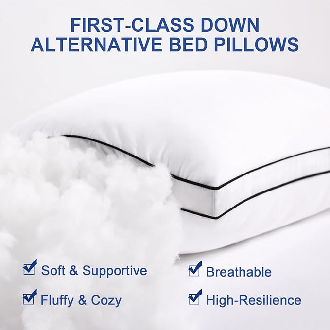Premium Pillows Queen Size Set of 4, Fluffy and Supportive 7D Down Alternative Bed Pillows, Luxury Soft Hotel Quality Gusseted Pillow for Side Back Stomach Sleepers, Relief Neck Head and Shoulder Pain