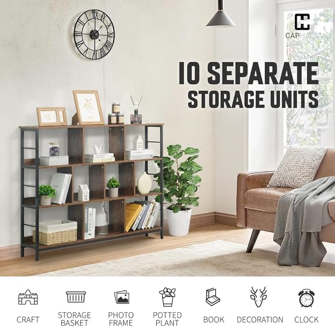 CAPHAUS 10 Cube Storage Organizer, 55” Wide 3 Tier Rustic Oak Industrial Open Shelf Bookcase, Display Shelf, Horizontal Bookshelf with Metal Frame, Wooden Board, for Living Room, Bedroom, Office