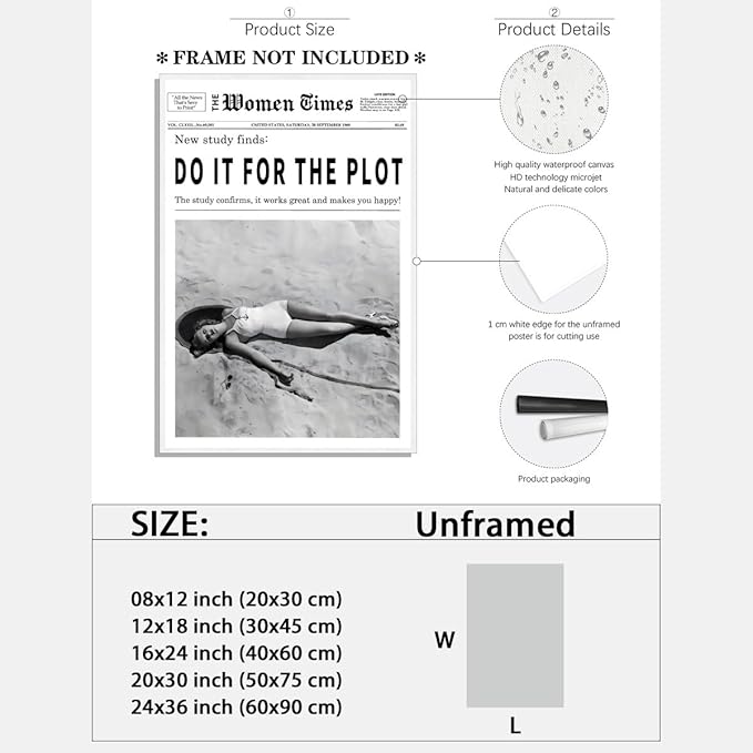 Vintage Women Times Do It for The Plot Wall Art Trendy Black and White Canvas Print Poster Vintage Woman Times Newspaper Prints Beachy Hot Girl Wall Decor for Bar Cart Girls Dorm Bedroom 16x24inch Unframed