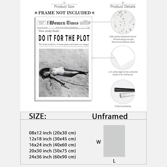 Vintage Women Times Do It for The Plot Wall Art Trendy Black and White Canvas Print Poster Vintage Woman Times Newspaper Prints Beachy Hot Girl Wall Decor for Bar Cart Girls Dorm Bedroom 16x24inch Unframed