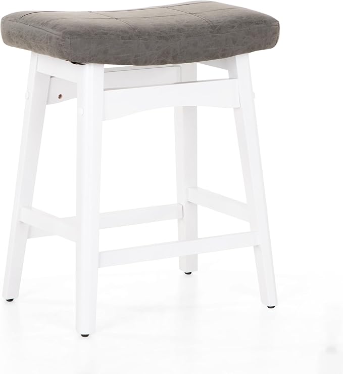 MAISON ARTS White Counter Height Bar Stool for Kitchen Counter Solid Wood Legs with Faux Leather Saddle Seat Farmhouse Barstools for 34"-38" Counter Island Upholstered Stools, 24in Height