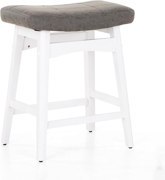 MAISON ARTS White Counter Height Bar Stool for Kitchen Counter Solid Wood Legs with Faux Leather Saddle Seat Farmhouse Barstools for 34"-38" Counter Island Upholstered Stools, 24in Height