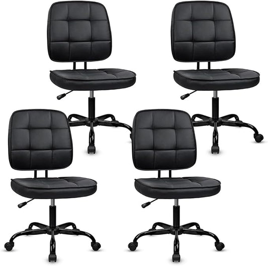 CLATINA Armless Home Office Chair with Lumbar Support and Wheels, Small PU Leather Ergonomic Low Back Desk Chairs No Arms, Adjustable Height 360° Swivel Rolling Computer Task Chair, Black, 4 Pack