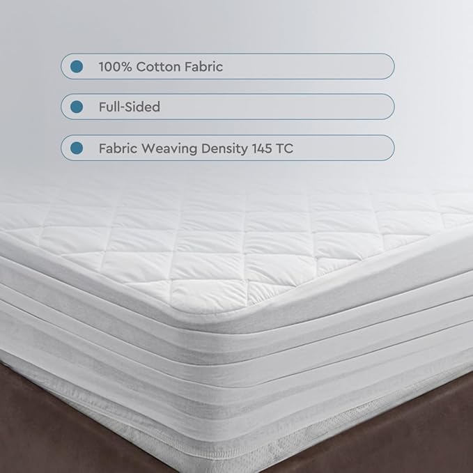 YATAS BEDDING Perle Quilted Fitted Mattress Protector, Machine Washable and Easy Care, Superior Protection and Comfort,100% Cotton Breathable top, White (Full) - 55"x75" - 14" Deep Pocket