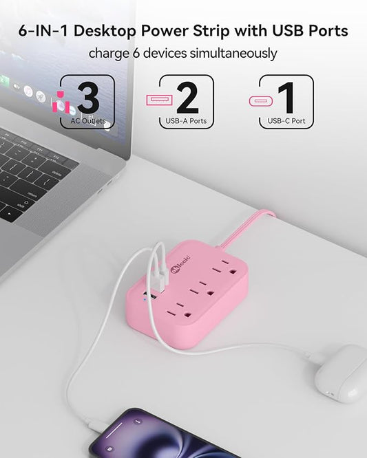 Pink Power Strip - 5Ft Extension Cord with 3 USB(1 USB C) Charging Station and 3 Outlets, Pink Desk Accessories for Cruise Travel Cute Kawaii College Dorm Desk Home Essentials