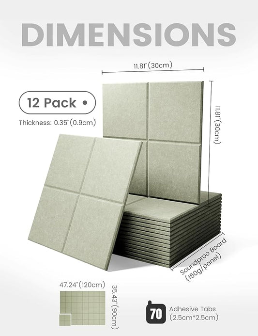 Large Felt Bulletin Board 48" x 36", 12-Pack 4-Compartment Wall Organizer, Cork Board Alternative with 70 Removable Adhesive Tabs, Modular Felt Panels for Home Office, Classroom and Study-Sage