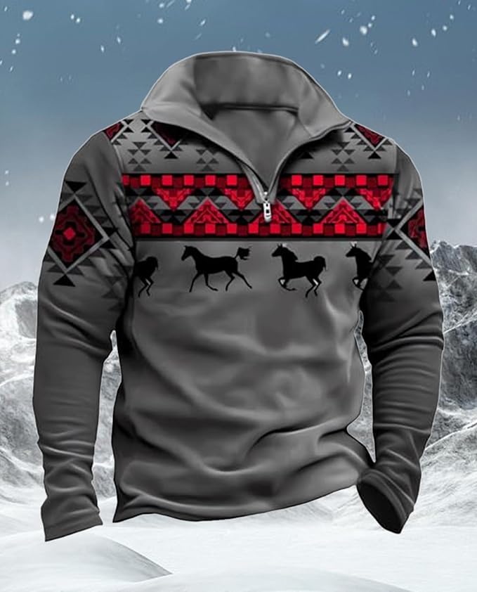 Western Sweatshirts for Men Aztec Cowboy Vintage Graphic Fleece Hoodie Mens Quarter Zip Pullover Country Jacket