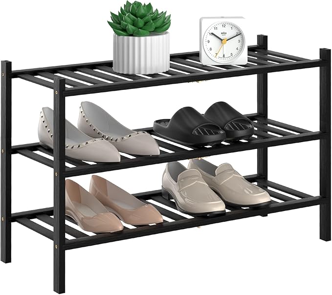 RONGJlA 3 Tier Bamboo Shoe Rack for Closet Free Standing Wood Shoe Shelf Storage Organizer for Entryway Small Space Stackable, Black
