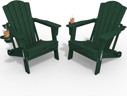 Adirondack Chair Set of 2, Folding All-Weather Outdoor HDPE Patio Chair with Cup Holder, Green