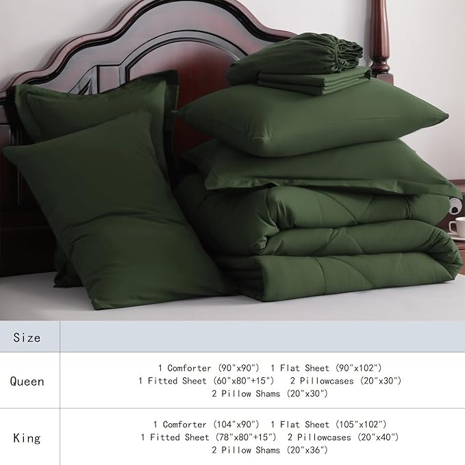 NTBAY King Comforter Set with Sheets, 7 Pieces Soft and Breathable King Bedding Set, Bed in a Bag, Down Alternative Comforter Set Solid Color All Season, King Bedding Set, Olive Green