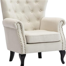 Mid Century Accent Chair for Living Room, Linen Fabric Button Tufted Armchair Wingback Club Chair, Modern Single Sofa Lounge Chair with Pillow for Reception/Bedroom, Beige