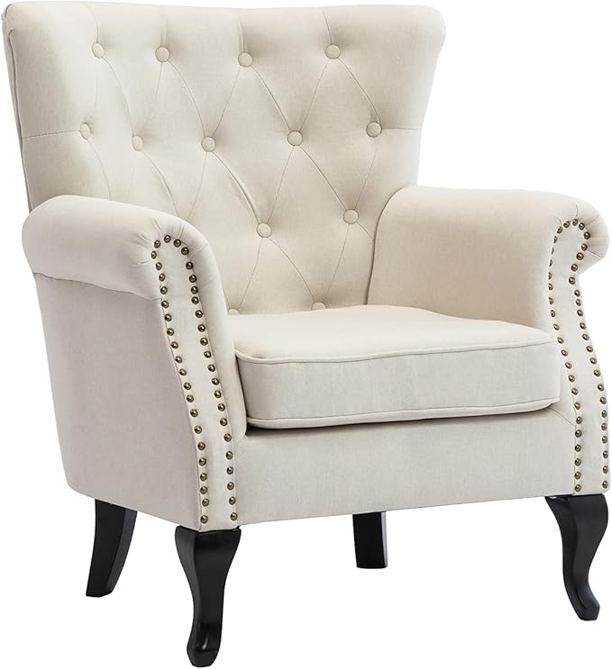 Mid Century Accent Chair for Living Room, Linen Fabric Button Tufted Armchair Wingback Club Chair, Modern Single Sofa Lounge Chair with Pillow for Reception/Bedroom, Beige