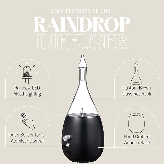 Raindrop 2.0 Aromatherapy Diffuser for Essential Oil, Waterless Glass Nebulizer w/Auto-Off Switch, BPA Free - Black