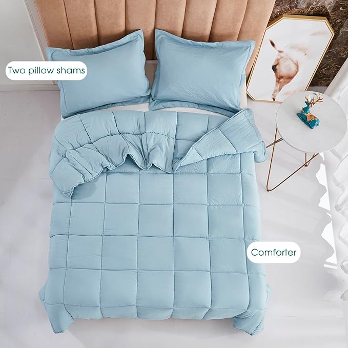 HIG Pre Washed Down Alternative Comforter Set Queen - Reversible Chic Quilt Design - Box Stitched with 4 Corner Tabs - Lightweight for All Season - Blue Duvet Comforter with 2 Pillow Shams