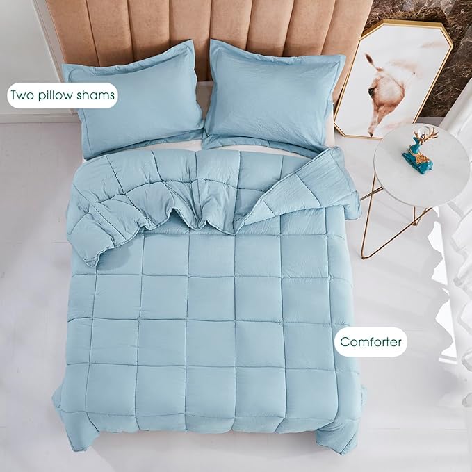 HIG Pre Washed Down Alternative Comforter Set Twin - Reversible Chic Quilt Design - Box Stitched with 4 Corner Tabs - Lightweight for All Season - Blue Duvet Comforter with 2 Pillow Shams