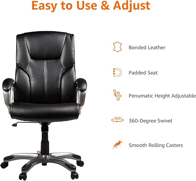 Amazon Basics Executive High Back Office Desk Chair, Adjustable Height, Tilt, Swivel, one Size, Black/Silver