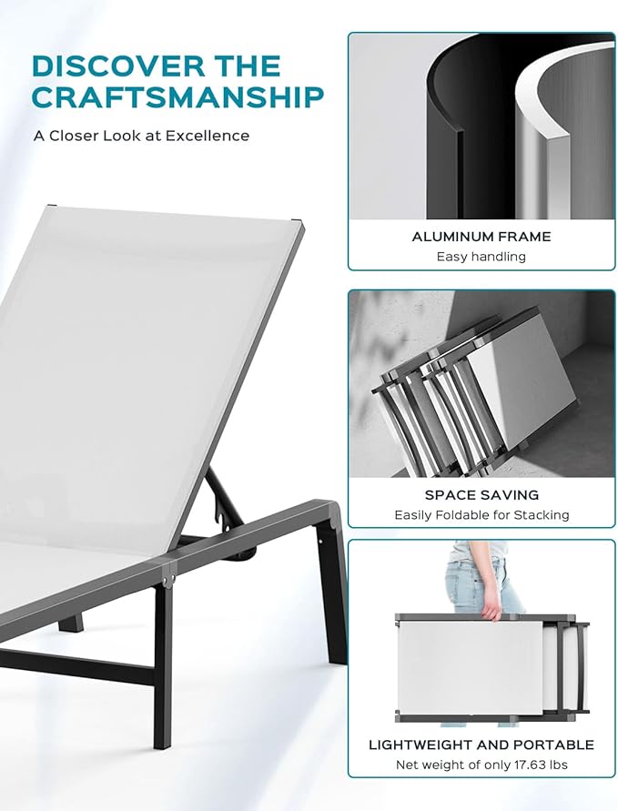 Aluminum Chaise Lounge Ourdoor - Foldable & Assemble Free Outdoor Lounge Chair with 5 Adjustable Backrest, Patio Lounge Chair for Outside Poolside Beach Pool, White