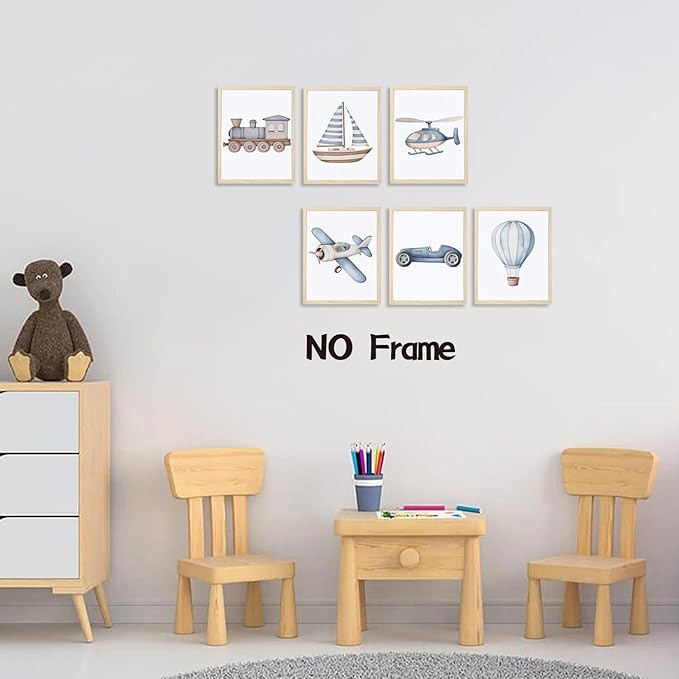Nursery Car Wall Art Set of 6, Baby Boys Poster Canvas Prints, Blue Kids Car Train Plane Boat Hot Air Balloon Wall Decor Toddler Vehicle Painting Watercolor Artwork Picture 8x10 inch Unframed