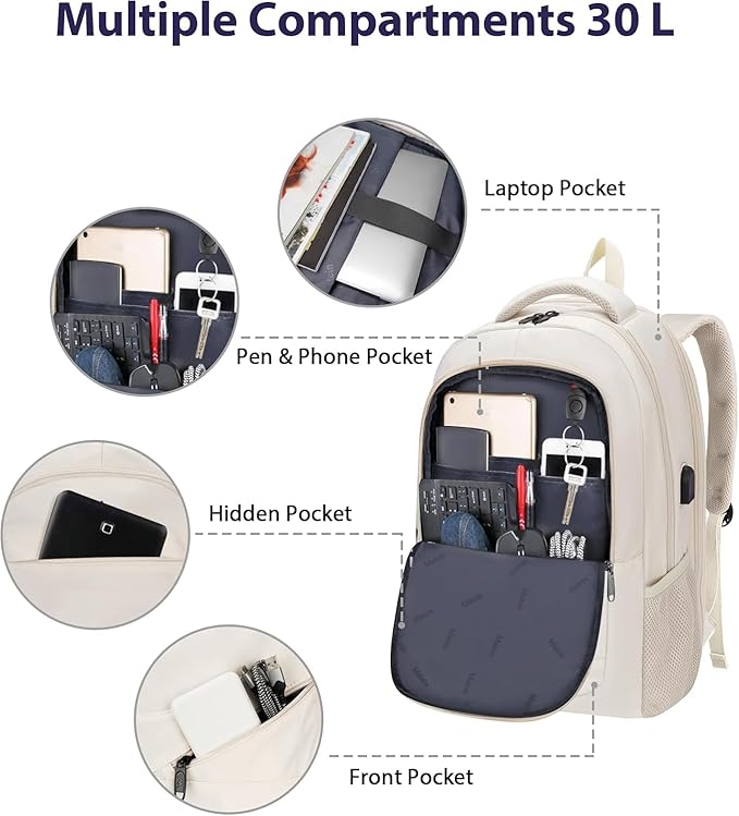 MATEIN Laptop Backpack Women Large Capacity, Travel Backpack TSA Approved with Luggage Strap & USB Port, Water Resistant Teacher College Bookbag Fits 17 Inch Computer, Stylish Beige Work Daypack
