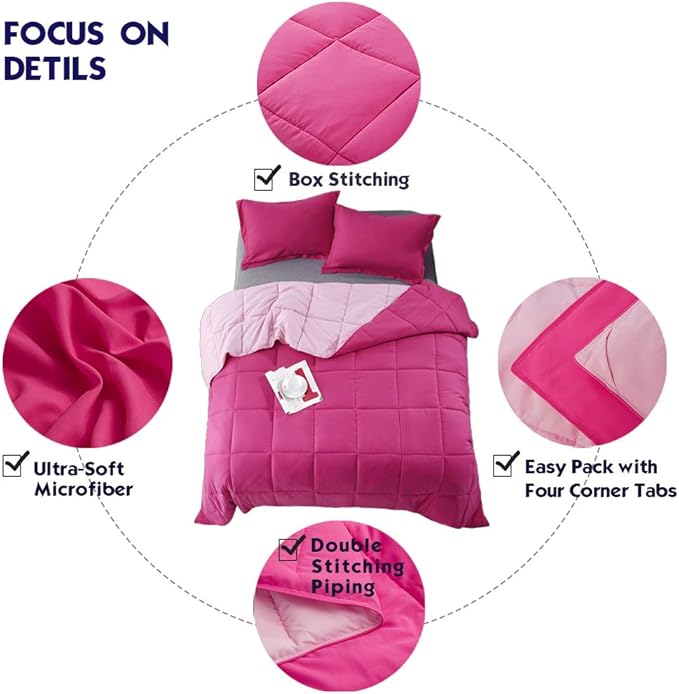 HIG 3pc Pink Twin/Twin XL Comforter Set - All Season Reversible Down Alternative Bedding Comforter - Quilted Duvet Insert with Corner Tabs - Box Stitched Blanket - Breathable, Soft, Fluffy