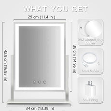 HIEEY Lighted Makeup Mirror, Hollywood Vanity Mirror with Lights, Three Color Lighting Modes, with 4in 20X Magnification Mirror, Smart Touch Control, 360°Rotation (17.4in,White,Gift Box)