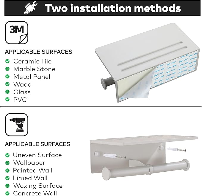 Toilet Paper Roll Holder Bathroom Decor - Double Roll Toiler Tissue Holder with Mobile Phone Shelf - Dual Toilet Paper Holder Wall Mount and Self Adhesive Paper Roll Dispenser – Matte White