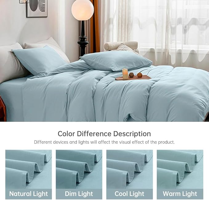 JELLYMONI Cotton Duvet Cover Full Size - 100% Washed Cotton Linen Like Textured Comforter Cover, 3 Pieces Breathable Soft Bedding Set with Zipper Closure (Light Blue, 80"x 90")