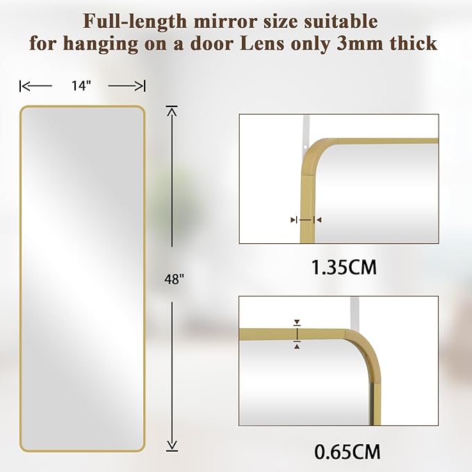 VooBang 14"x48" Full Length Over The Door Mirror - Aluminum Alloy Frame Full Body Mirror with Height-Adjustable Hangers, Hanging Leaning Against Wall for Dorm, Gold