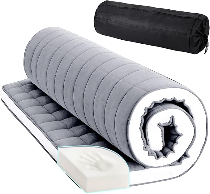 Tiita Japanese Floor Mattress Futon Mattress 4” Thick Folding Roll Up Sleeping Pad with Bag & Strap, Bed Topper Mat for Guest, Lounger and Tavel, Gray,Twin Size