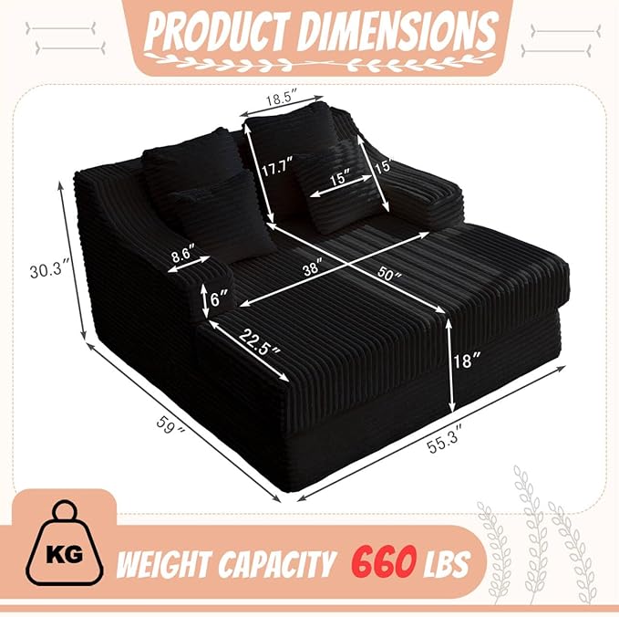 55 Inch Chaise Lounge Indoor - Oversized Chaise Lounge with 4 Throw Pillows and Armrets, Upholstered Plush Sofa Bed, Corduroy Lazy Chair Bed, Sleeper Chair for Living Room or Bedroom, Black