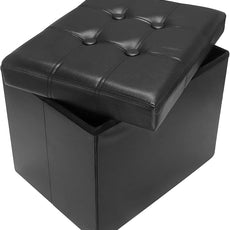 AmasSmile Storage Ottoman Folding Foot Rest Stool, Leather Footstool Bench, Short Ottoman Stool, Storage Foot Rest Store, Books (Black, 17