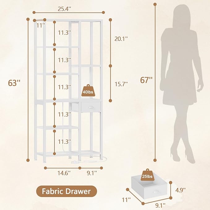 Furologee 6 Tier Bookshelf with USB Ports and Power Outlet, Book Shelf with Charging Station, Bookcase with Drawer, Storage Shelves for Bedroom,Home Office, Living Room, Bathroom, White