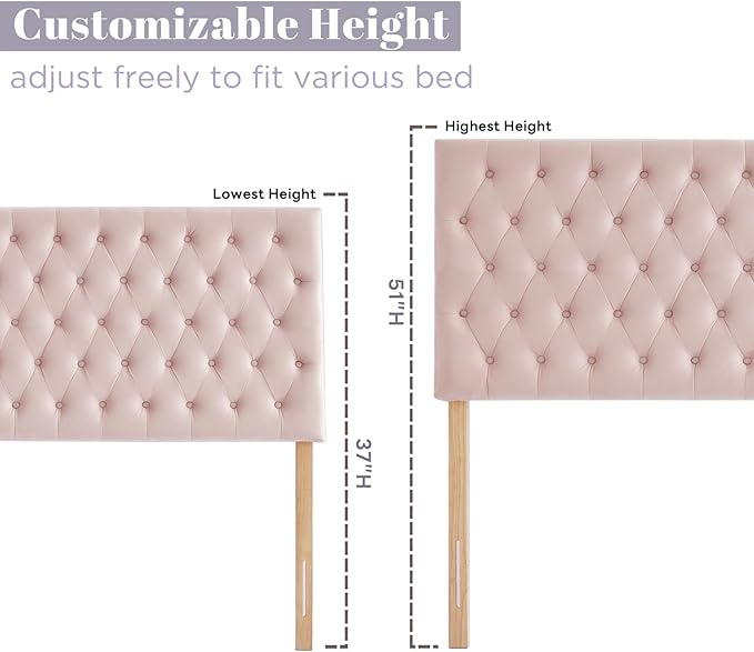 Kingfun Upholstered Queen Headboard Only, Premium Velvet Button Tufted Headboards, Adjustable Solid Wood Head Board, Padded Headboard with Solid Wood Legs in Bedroom (Pink)