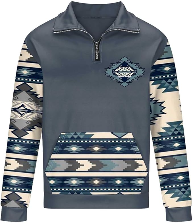 Western Sweatshirts for Men Aztec Cowboy Vintage Graphic Fleece Hoodie Mens Quarter Zip Pullover Country Jacket