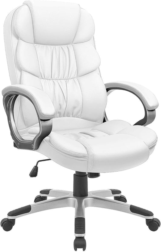 GUNJI Office Chair PU Leather High Back Executive Chair Ergonomic Computer Chair, Modern Adjustable Home Desk Chair Swivel Managerial Chair with Padded Armrests and Lumbar Support (White)