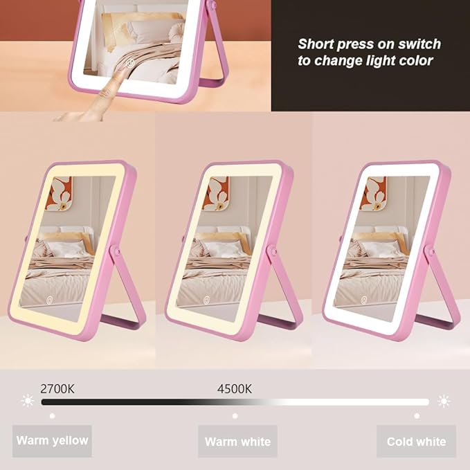 Pink Rechargeable Vanity Mirror with Lights, 10"×7" LED Makeup Mirror with Lights, Smart Touch Control Dimmable 3 Modes Light, Lighted Up Mirror for Makeup Desk, Bedroom, Dressing Room