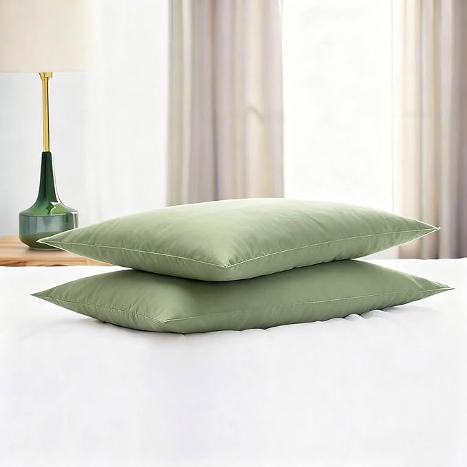 Flat Ultra Thin Bed Pillows Standard Size Pillow Set of 2 Extra Soft Down Alternative for Stomach Side Back Sleeper Sage Green 20x26inches