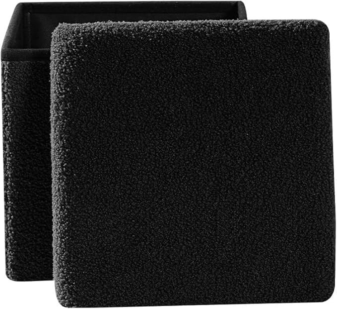 PINPLUS Storage Ottoman Cube Square Shaped Ottomans with Storage Foot Stool Footrest for Lving Room Boucle Ottoman Seat for Dorm Room,Faux Teddy Fur Black, 11.8"x11.8"x11.8"
