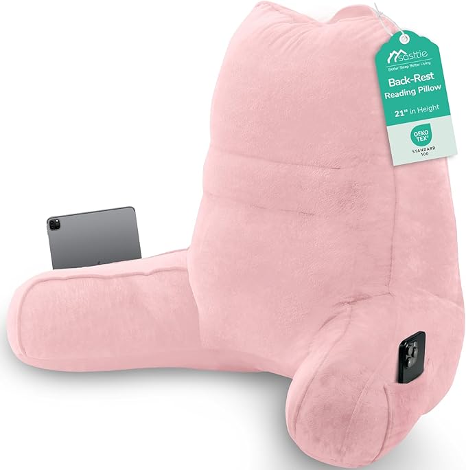 Sasttie Reading Pillow, Pillows for Reading or Relaxing – Ergonomic Support for Head, Neck, Back, and Lumbar, 21-Inch, Light Pink