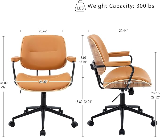 BV Mid Century Modern Office Chair Set of 1, Swivel Rolling Deak Chair with Armrests and Walnut Back, Adjustable Desk Chair for Home Office, Brown