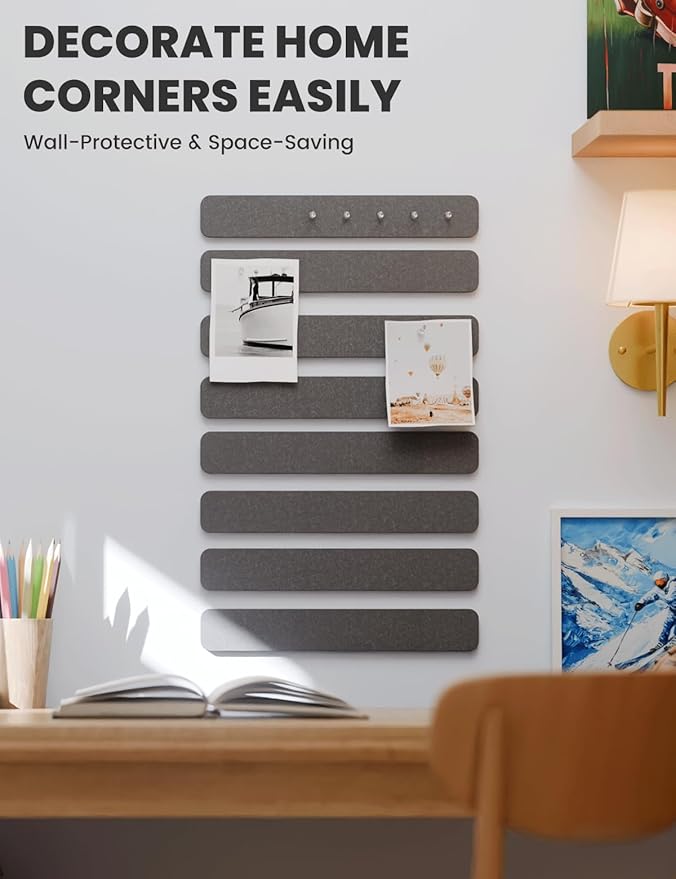 Cork Board Alternative Felt Strip Board 8-Pack 13"x2", Office Pin Board with 50 Push Pins, Adhesive Install for Bedroom Door & Home Office(Charcoal Gray)