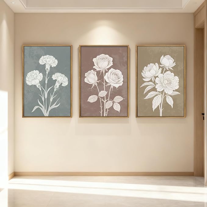 BINCUE Boho Floral Wall Painting Framed Botanical Wall Art Decor Flower Print for Living Room Bedroom Dining Room 16" Lx24 W Set of 3