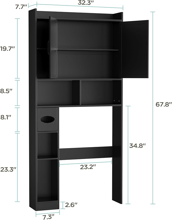 MHOM 67.8" H Over The Toilet Storage Cabinet with Adjustable Shelves & Toilet Paper Holder, Farmhouse Over Toilet Bathroom Organizer, Double Door Toilet Cabinet for Bathroom, and Laundry, Black