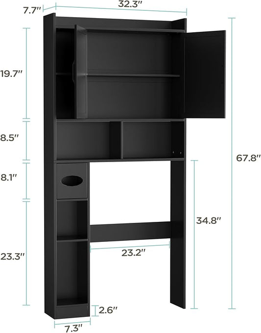 MHOM 67.8" H Over The Toilet Storage Cabinet with Adjustable Shelves & Toilet Paper Holder, Farmhouse Over Toilet Bathroom Organizer, Double Door Toilet Cabinet for Bathroom, and Laundry, Black