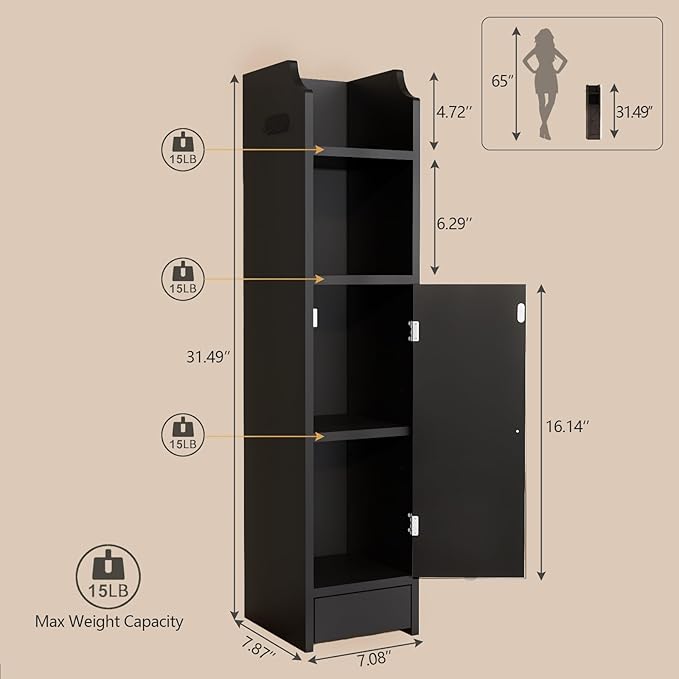 Small Bathroom Storage Cabinet, Toilet Paper Storage,Corner Floor Cabinet with Doors and Adjustable Shelf,Bathroom Organizer for Small Spaces Black