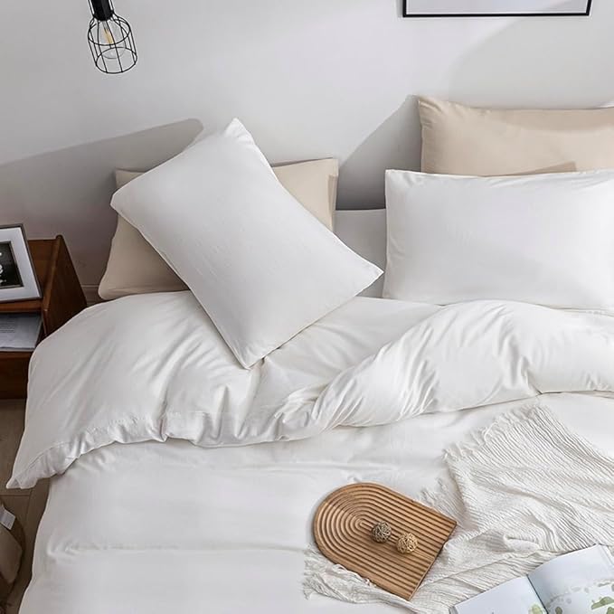 JELLYMONI Cotton White Duvet Cover Twin Size - 100% Washed Cotton Linen Like Textured Comforter Cover, 2 Pieces Breathable Soft Bedding Set with Zipper Closure (Bright White, Twin 68"x90")
