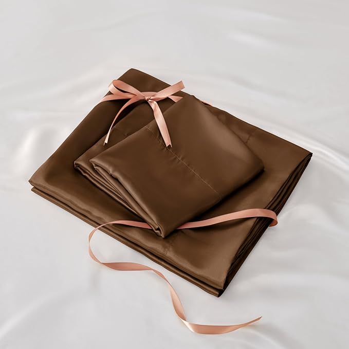 BEDELITE California King Sheets Set, Luxury Soft Brown Satin Sheets for Hair and Skin, Similar to Silk Bed Sheets Set 4 Pieces with 1 Deep Pocket Fitted Sheet, 1 Flat Sheet, and 2 Pillowcases