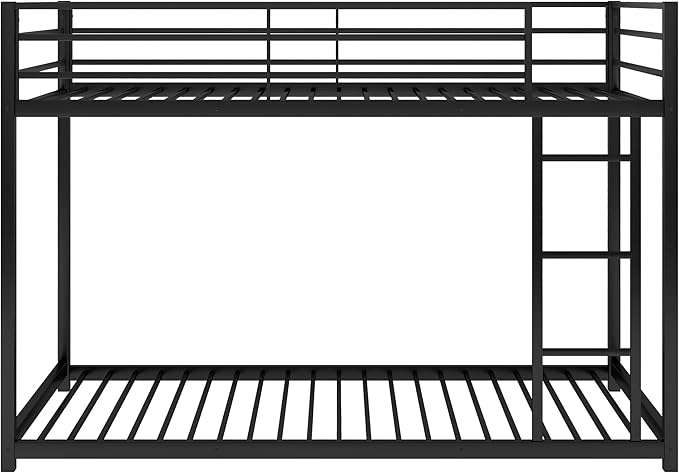 Twin Over Twin Bunk Bed, Low Bunk Bed with Ladder, Metal Bunk Bed with Guardrails, Heavy Duty Metal Bunk Bed Frame for Kids, Boys, Girls, Teens, Noisy Free, No Box Spring Needed， Black