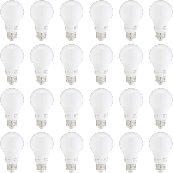 Amazon Basics A19 LED Light Bulb, 60 Watt Equivalent, Energy Efficient 9W, E26 Standard Base, Soft White 2700K, Non-Dimmable, 10,000 Hour Lifetime, 24-Pack